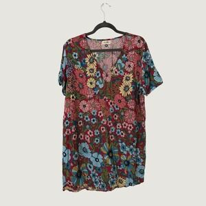 Natural Life Floral V-Neck Dress Short Sleeve‎ Pink Blue Boho Womens S